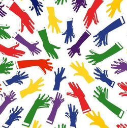 Viele bunte Hände, die sich aufeinander zu bewegen
