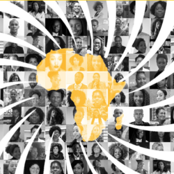 Das Logo der UN-Dekade für Menschen afrikanischer Herkunft, hinterlegt mit ganz vielen Fotos von Menschen afrikanischer Herkunft..